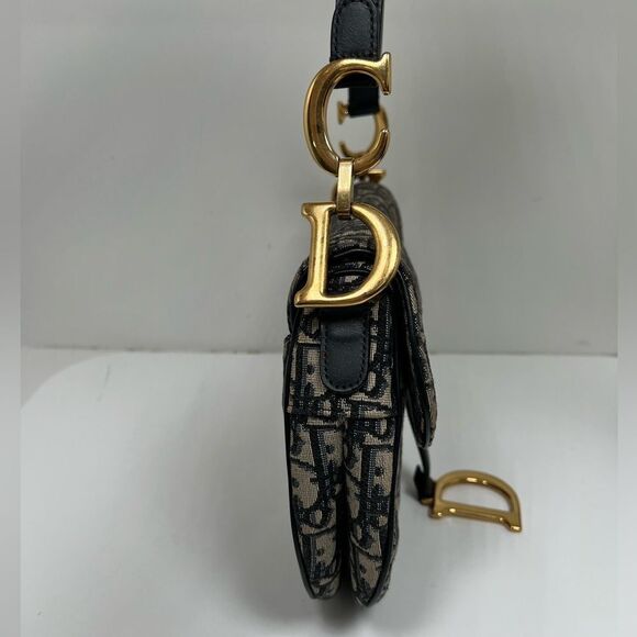 Auth DIOR/ChristianDior Saddlebags,Trotter - Navy Cream Jacquard Leather Handbag - Picture 5 of 11